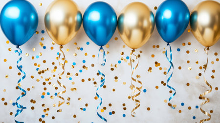 Blue and gold balloons hanging with golden and blue confetti on a white backgroundの素材