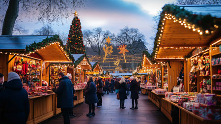 People shopping at christmas market with festive lights at duskの素材