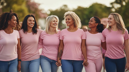 Diverse group of women wearing pink shirts are walking together and smiling at a breast cancer awareness eventの素材