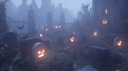 Jack-o'-lanterns are glowing on the tombstones of a misty graveyard in the evening near a spooky castleの素材
