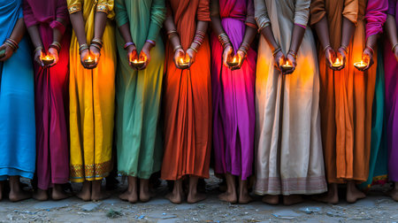 Group of indian women are standing side by side, each holding a traditional oil lamp, likely celebrating the festival of diwaliの素材