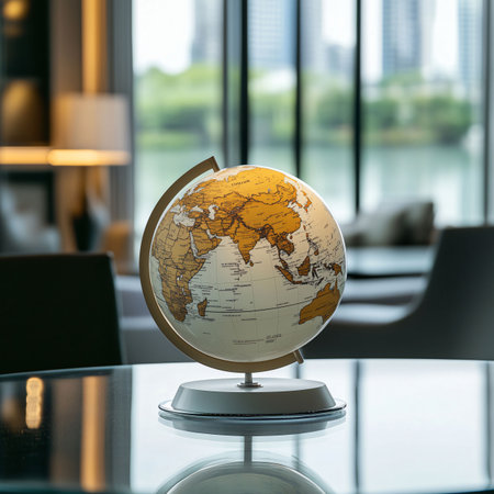Illuminated globe is sitting on a table, bringing a touch of global awareness to this upscale hotel roomの素材