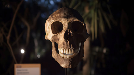 Human skull is displayed on a stand in a museum, illuminated by soft lightingの素材