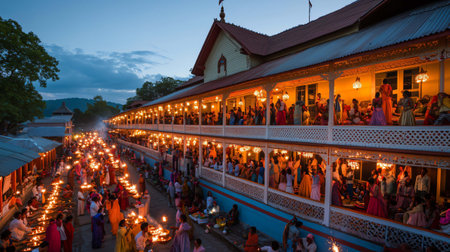 Crowd holding candles during a religious celebration at pashupatinath temple in kathmandu, nepalの素材