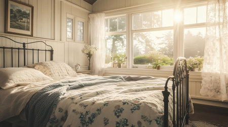 Sunlight is shining through the windows of a cozy bedroomの素材