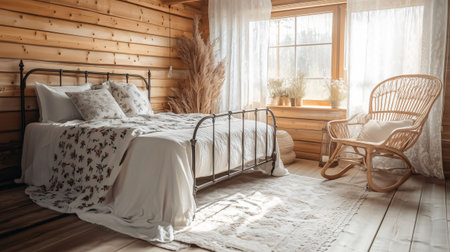 Sunlight streaming through the window of a cozy and stylish rustic bedroom, featuring a comfortable bed and a charming rocking chairの素材