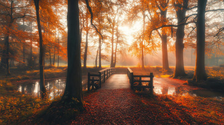 The rising sun bathes a small wooden bridge in a golden light as mist rises from the water in the forestの素材