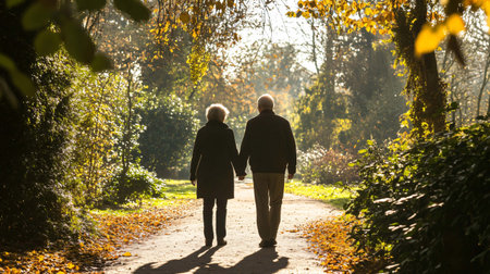 Elderly couple enjoys a sunny autumn afternoon with a walk in the parkの素材