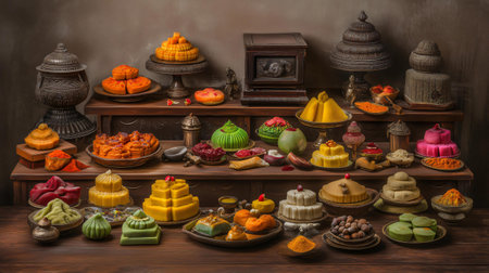 Display of colorful traditional indian sweets arranged on a wooden table with antique bronze containersの素材