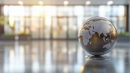 Glass globe sitting on a desk in a modern office building lobby with sunlightの素材