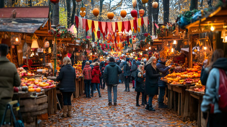 Tourists exploring illuminated fair with wooden stalls full of pumpkins, enjoying autumn evening at the marketの素材