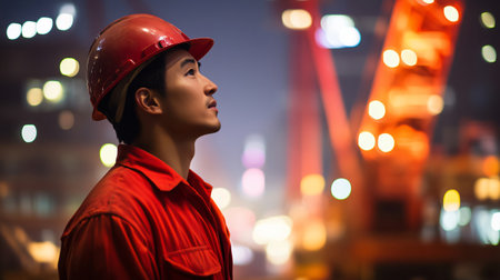Young construction worker is looking up with a blurred cityscape in the backgroundの素材