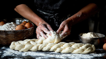 Baker forming a braided loaf of bread with flour on hands in a bakeryの素材