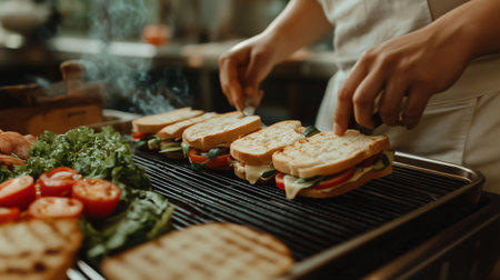 Cook is grilling sandwiches with tomatoes, cheese and lettuce on a hot electric grill in a restaurant kitchenの素材
