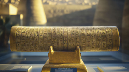 Golden cylinder covered in ancient egyptian hieroglyphs, resting on a pedestal in a museumの素材