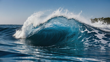 Powerful ocean wave breaking and splashing with foam and spray on a sunny dayの素材