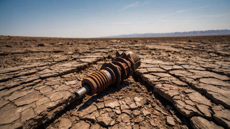 A worn metal object rests on sun-baked, cracked soil, surrounded by a vast barren landscape. The bright blue sky stretches above, emphasizing the harsh environment.の素材