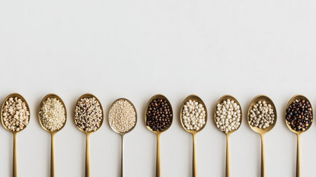 Variety of healthy superfood grains and seeds in golden spoons forming a line over white background, top view, copy spaceの素材