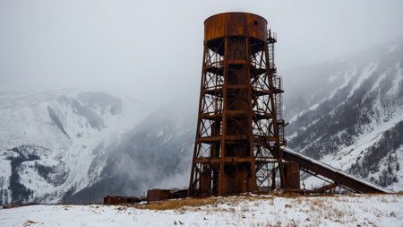 An old mining tower stands rusted and weathered amidst snow-covered terrain. The surrounding mountains are shrouded in fog, creating a stark winter atmosphere.の素材