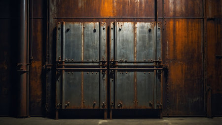 Two large metallic doors, rusted and bolted, stand closed in a shadowy industrial environment, suggesting a story of neglect and time passing in an abandoned setting.の素材