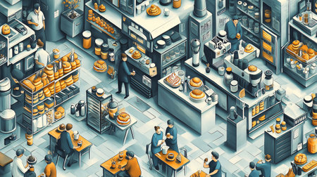 Isometric illustration of a coffee shop with customers ordering drinks and pastries from baristasの素材