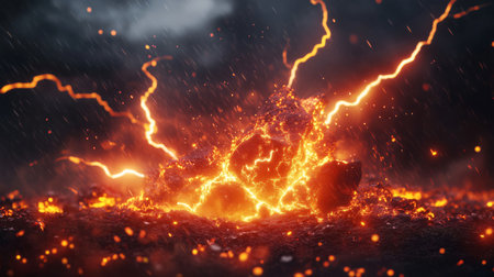 Lightning is striking a glowing molten rock during a rain stormの素材