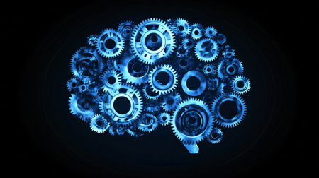 Blue gears forming a human brain, representing the concept of artificial intelligenceの素材