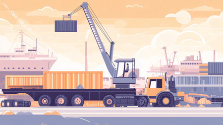 Crane operator is lifting a cargo container at a busy port with trucks and ships in the backgroundの素材