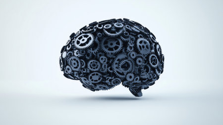 3d render of a human brain made of gears working on white backgroundの素材