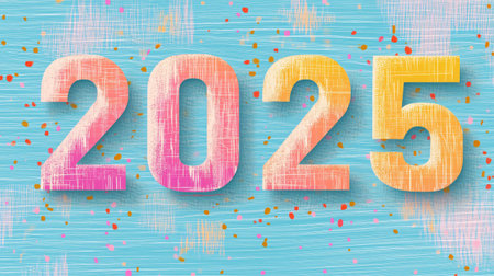 2025 happy new year graphic design with colorful numbers on blue backgroundの素材