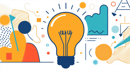Light bulb is glowing surrounded by colorful geometric shapes representing creativity and the birth of new ideasの素材