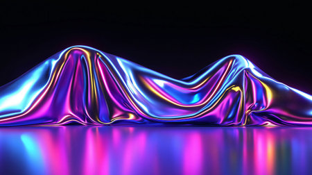 Holographic cloth forming peaks with neon color gradient is reflecting on a dark surfaceの素材