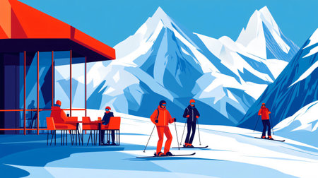 Skiers enjoying the mountain view from a panoramic restaurantの素材