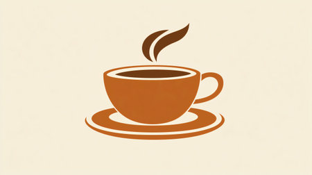 Minimalist illustration of a steaming cup of coffee on a saucer, ideal for representing concepts related to coffee, breakfast, and cafesの素材