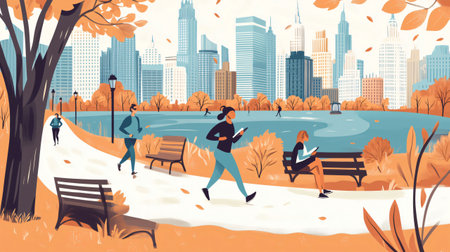 Illustration of people enjoying a sunny autumn day in central park, new york cityの素材