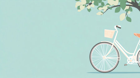 White bicycle with a basket is leaning against a tree on a sunny dayの素材