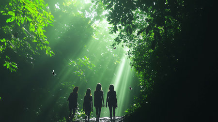 Group of friends are enjoying the sunlight while hiking through a dense green forestの素材