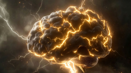 Realistic human brain is being zapped with electricity during a brainstorming sessionの素材
