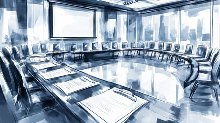 Illustration of an empty conference room with a large table, chairs, and documents laid out, rendered in a loose sketch styleの素材