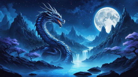 A striking dragon winds its way through a tranquil mountain scene at night. The full moon casts a magical glow over the water and rugged terrain, creating an enchanting atmosphere.の素材