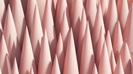 A striking pattern of soft pink cones is arranged closely together, creating a visually appealing design. This abstract display emphasizes textures and shapes with subtle variations in height.の素材