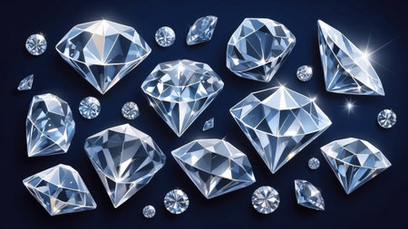 Numerous beautifully cut diamonds in various sizes gleam on a rich dark background. The sparkling gems illuminate the space with their brilliance and charm, showcasing opulence.の素材