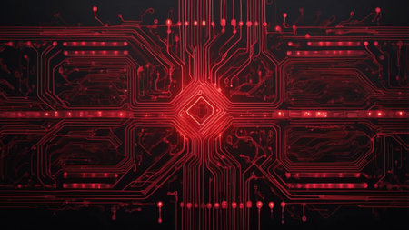 Abstract representation of red circuitry with luminous elements creates an intriguing visual of technology and digital innovation. The intricate patterns suggest complexity and advancement.の素材