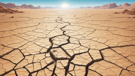 Early morning light casts a warm glow over an arid landscape featuring extensive cracked earth. The horizon showcases distant mountains against a clear sky.の素材