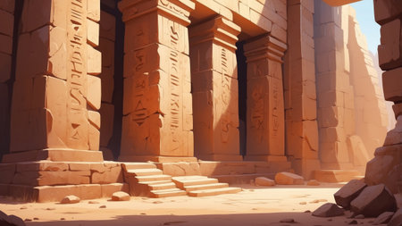 Sunlight filters through the remains of an ancient temple, highlighting intricately carved columns and steps amid the sandy terrain. Dust dances in the warm air, evoking a sense of history.の素材