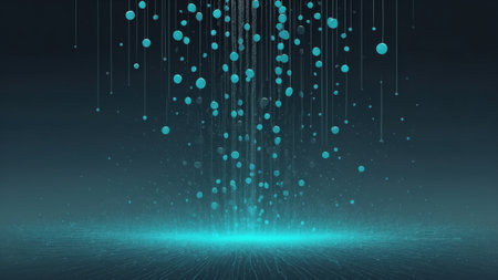 A mesmerizing display of floating particles creating an illusion of depth. The particles fall gracefully against a dark background, illuminated in vibrant blue and teal tones.の素材