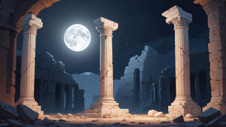 Beneath a bright full moon, ancient columns stand tall among the ruins of a lost civilization. Crumbling stone walls and debris surround the serene site, evoking rich history and mystery.の素材