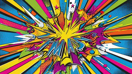 A striking graphic burst with bright yellow, pink, and blue colors radiates energetic lines and shapes, creating a dynamic comic book explosion effect that captures attention.の素材