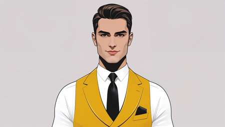 A young man with a well-groomed appearance stands proudly, wearing a vibrant yellow vest over a white shirt and black tie. His confident expression is complemented by a sleek hairstyle.の素材
