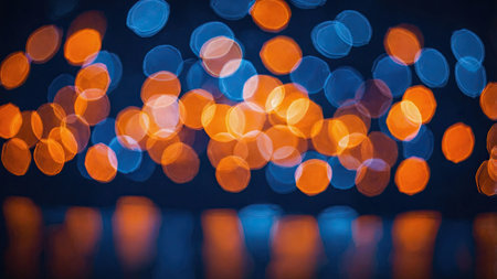 Bright orange and blue lights blur together, forming an abstract pattern that evokes a festive atmosphere in an urban location at night.の素材